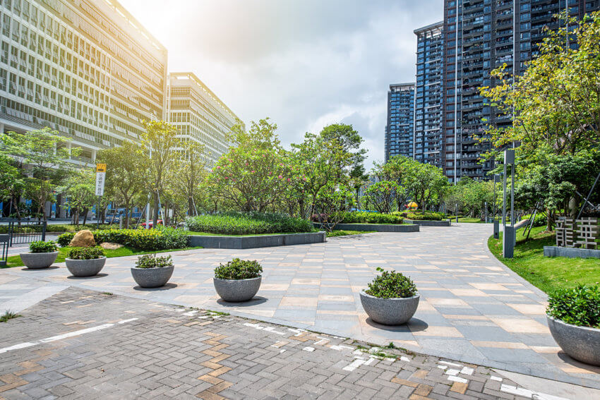 Buildings surrounded by greenery