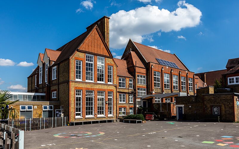 School building with solar panel on roof