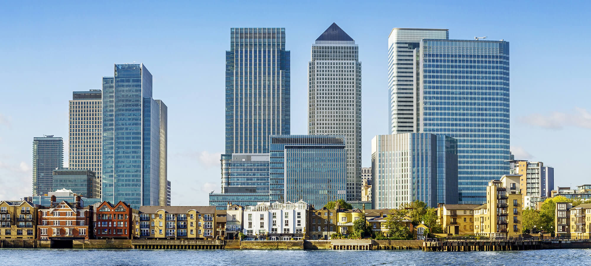 Cityscape view of Canary Wharf, London, from across the River Thames