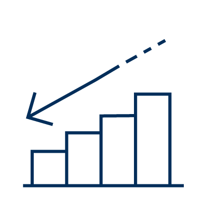 Blue illustration outline of a bar chart showing decreasing steps, with an arrow pointing downwards